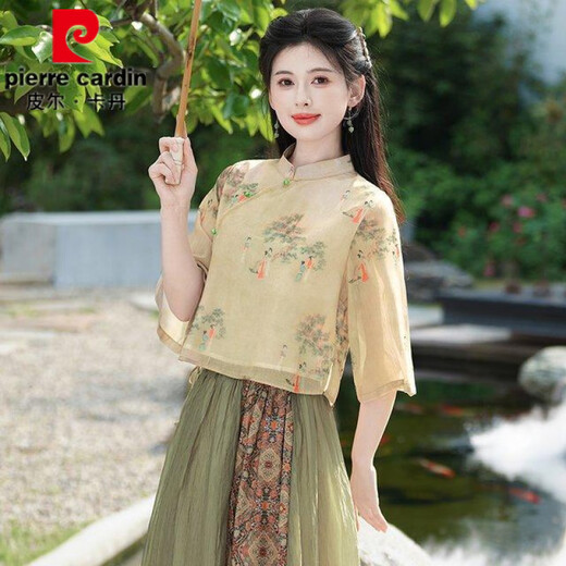Pier Cardin summer new Chinese style oriental classical Chinese style jacquard slanted slanting temperament stand collar button top spliced ​​skirt suit 1043 green + 12161 brown L