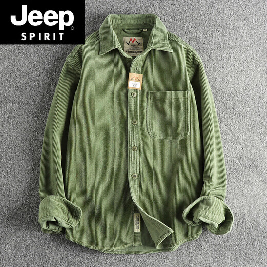 JEEP SPIRIT small amount of custom-woven pure cotton corduroy washed long-sleeved shirt men's American khaki trendy single pocket shirt jacket green 18 M 100-130Jin Jin equals 0.5 kg