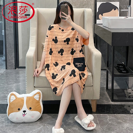LangSha (LangSha) light luxury nightgown for women's summer pajamas cotton short-sleeved large size Jin [Jin equals 0.5 kg] Emerald green students' spring and autumn cool home clothes BF-1049-2-light gray One size (80-200 Jin [Jin equals 0.5 kg])