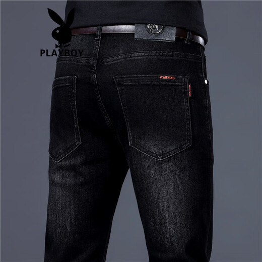 花花公子（PLAYBOY）香港高端黑灰色牛仔裤男修身小脚潮牌2025夏季新款弹力休闲裤子男 1048黑色 28