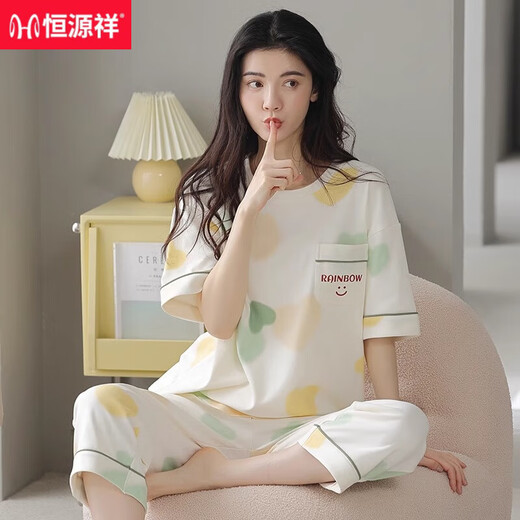 Hengyuanxiang 2025 pajamas for women in summer pure cotton short-sleeved cropped pants can be worn on the outside sweet and casual cotton home clothes can be worn on the outside 9854 [Shorts] M [Suggested 75-90Jin [Jin equals 0.5 kg]]