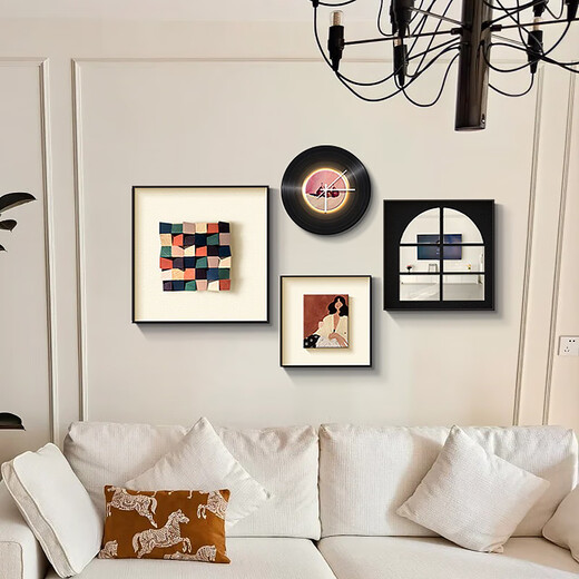 Jianzao 3D three-dimensional living room sofa background wall decoration painting 2025 new high-end restaurant antique style wall painting Type A - combination painting medium set 60cm*1+40cm*2+50cm*1 black aluminum alloy frame three-dimensional wood block + crystal porcelain clock + concave and convex oil painting + mirror painting