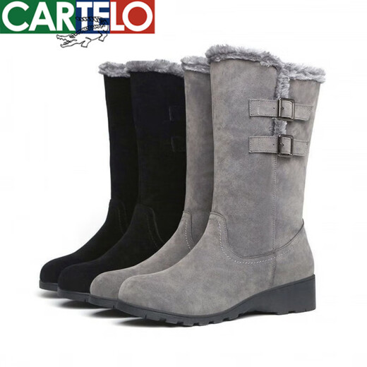 
CARTELO crocodile (CARTELO) plus velvet thickened snow boots for women in winter fur integrated boots flat sole non-slip mid-boots warm mother cotton shoes 719 black 36