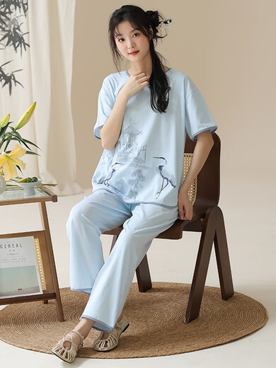 True high-end light luxury pajamas for women, can wear summer ladies short-sleeved Chinese style pajamas suit cotton new Chinese style trousers home Y9905 M code (recommended 75-95Jin [Jin equals 0.5 kg]) equal size