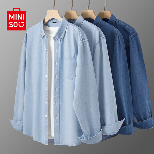 名创优品（MINISO）牛仔衬衫男2026新款男士纯棉水洗浅蓝色长袖春秋款薄款百搭外套潮 【100%纯棉】浅蓝 L /175(30天质量问题全额退)