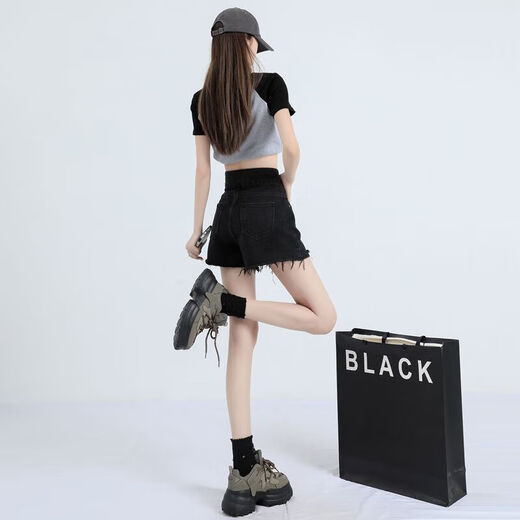Yanrui Black Furrowed Denim Shorts für Frauen im Sommer 2025 Neues Doppelknopf-Design mit hoher Taille locker A-Line-Weitbeine schwarz qgq2047 m [100-110jin [Jin entspricht 0,5 kg]]