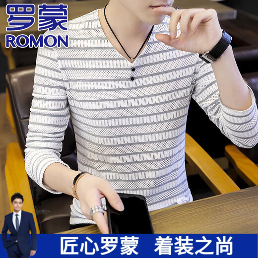 
ROMON 100% pure cotton long-sleeved T-shirt for men's spring and autumn new V-neck sweatshirt casual skin-friendly and comfortable summer thin inner clothing 6188 black long sleeves 2XL 135-150Jin [Jin equals 0.5 kg]
