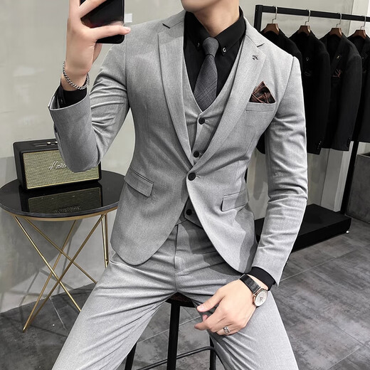 BUSYCONG轻奢品牌西服套装男士潮流韩版修身结婚礼服商务休闲西装三件套 9889#双扣黑色西装+马甲+西裤 S