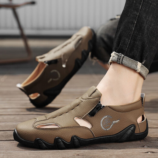 Men's sandals summer popular slippers beach shoes outdoor sports style wear-resistant large size breathable lazy men's shoes (JL) AS9909 brown 41