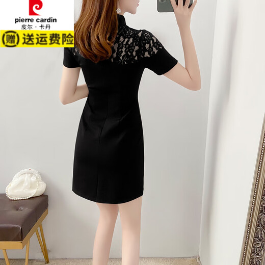 Pierre Cardin plus size summer dress for women slimming belly-covering little black dress for fat mm cheongsam style improved version Chinese style retro slit dress black M recommended 92-103 Jin Jin is equal to 0.5 kg