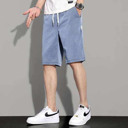 Satchi Tiansi Laiseer Denim Fünf-Punkte-Hosen für Männer 2025 Sommer dünne lose gerader modische Wasser-Wäsche lässig Casual Shorts für Männer EU_1049 Hellblau 28