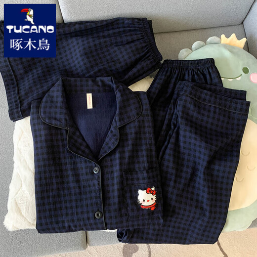 Woodpecker HelloKitty pure cotton gauze pajamas for women in summer short-sleeved 2025 new cute three-piece set home clothing Yunduo Cotton-J9901# Paradise Puppy Three-piece Set M [Suggestion 75-100Jin [Jin equals 0.5 kg]]