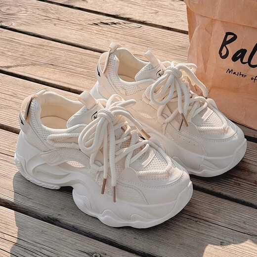 Summer Breathable Dad Zapatos para zapatos blancos de suela gruesa para mujeres Sports Sports Lendy Shoes 9905-1 Beige Leather Surface 35