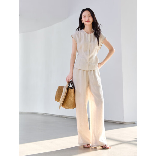
Vanchiman high-end old-fashioned linen suit for women's summer new sleeveless tops and pants set apricot color L