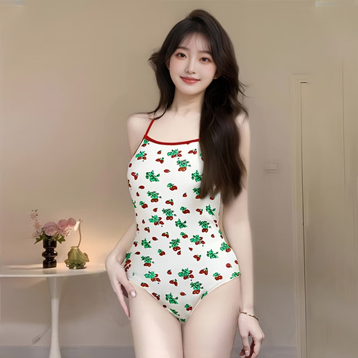 2025年新款连体三角可爱草莓印花露背竞速女泳装游泳温泉度假必备 米色印花【泳衣+泳镜】 XL 【建议100-120斤】