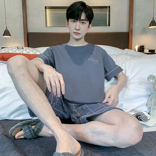 枫顾蓝睡衣男夏季短袖短裤棉质青少年初中学生套装男款家居服胖子 HDE9928 L