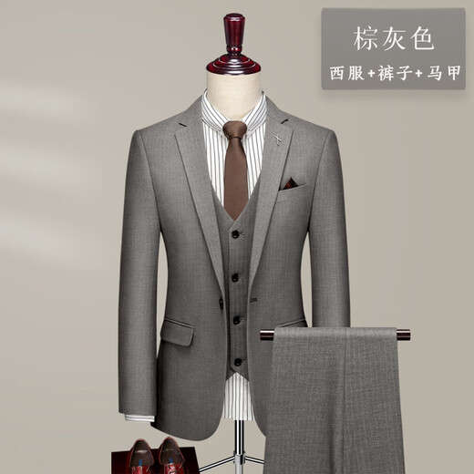 TPZBWG high-end brand suit suit set for men 2025 new business casual formal wear British style three-piece set brown gray two-piece set M