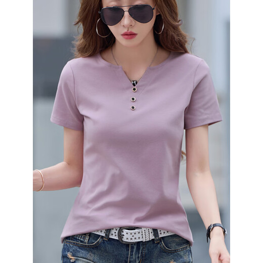 Zhufan Chicken Heart Collar Kurzarm T-Shirt Großgröße Frauen Baumwolle kleine V-Ausschnitt Frauen 2025 Sommer neuer Knopf Lösche halbe Ärmel rechts Schulterstil 6623 Linglong Lila (Knopfstil) S empfohlen 80/95jin [Jin gleich 0,5 kg]