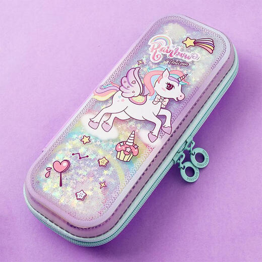Qili Color Hard Shell Quicksand Pencil Case Transparent Pencil Case for Men and Women Primary School Students Creative Internet Celebrity Pencil Case for Children's Pencil Case 3899-2 Purple Unicorn