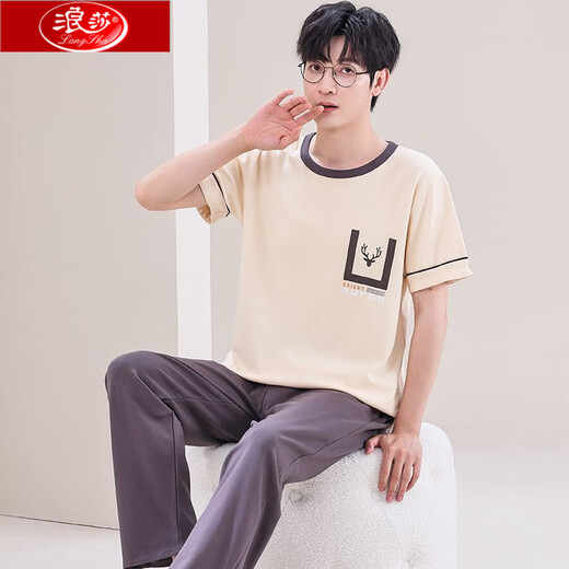 Langsha pajamas short-sleeved pure cotton trousers cotton summer men's thin summer youth middle-aged loose large-size home clothing set AY3527 L men's style 95-120Jin[Jin equals 0.5 kg]
