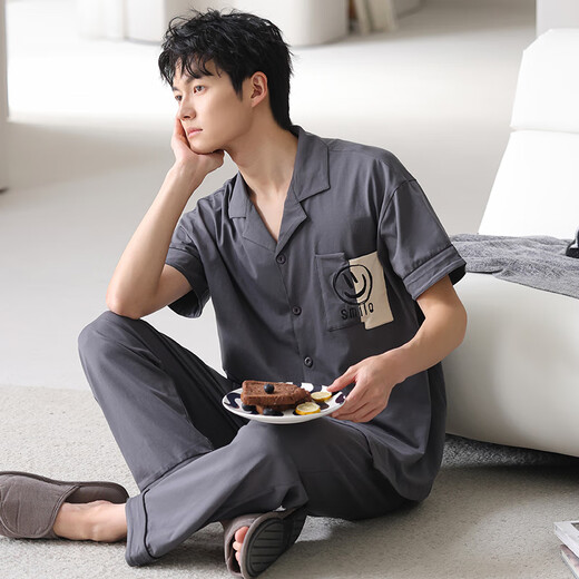 浪莎条纹睡衣男夏季纯棉短袖长裤高级感休闲宽松开衫家居服套装可外穿 848男 L