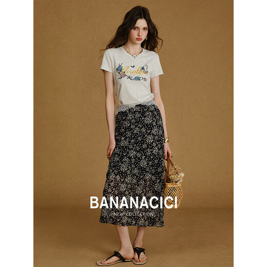 banana cici 2025 summer new American retro old casual versatile printed round neck short-sleeved T-shirt C252TX684 gray L