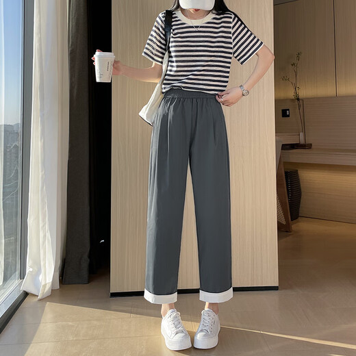 浅紫色冰丝哈伦裤子女2025新款夏季薄款冰丝裤大码显瘦休闲直筒裤 深灰九分 2XL 码 建议130-145斤