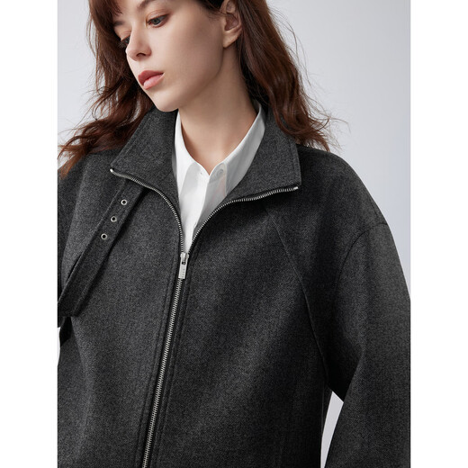 ELLE wool grey herringbone short jacket for women 2025 autumn new silhouette loose casual temperament jacket dark gray S