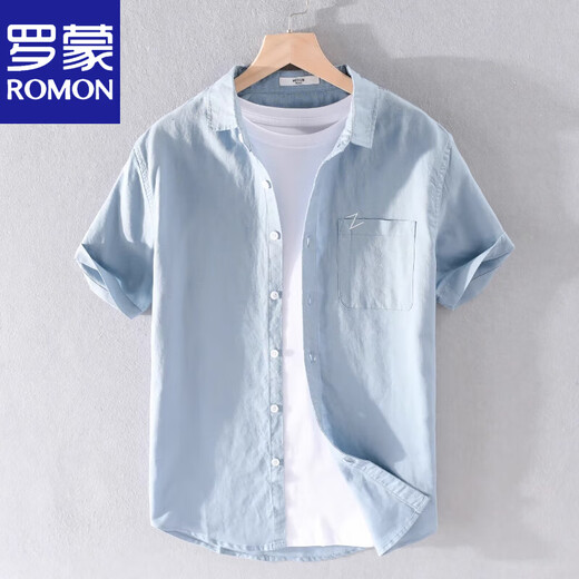罗蒙（ROMON）男士亚麻短袖衬衫日系宽松薄款夏季青年纯色休闲棉麻料衬衣服 9711淡蓝 3XL 160斤左右