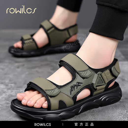 rowilos sandals men's 2025 summer new outdoor sports soft sole non-slip driving beach shoes versatile wading leisure sandals Comfortable soft sole non-slip HHSA9230 green 38 standard leather shoes size