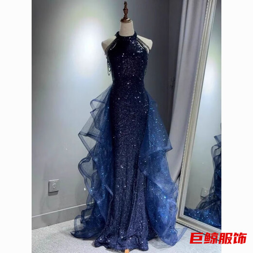 Tromlfz temperament evening dress skirt for women light luxury niche high-end host birthday coming-of-age ceremony elegant violin performance suit blue S