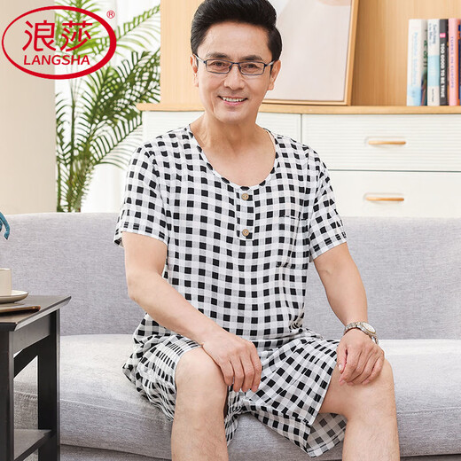 LangSha (LangSha) middle-aged and elderly dad pajamas men's summer cotton silk short sleeve shorts thin model modal ice silk home clothing set 2694 L