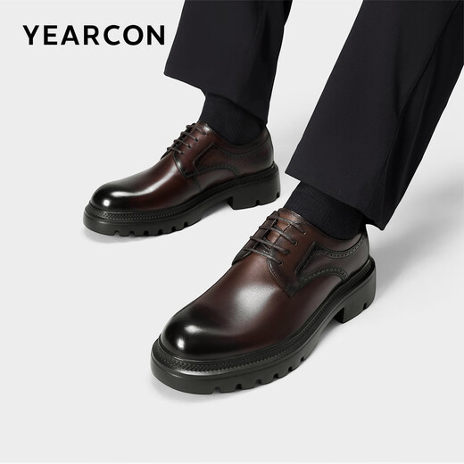 Yierkan Men's Shoes Leather Shoes Men's 2024 Autumn New Cowhide Thick-Soled Light Business Casual Shoes British Derby Shoes Men's Brown 40