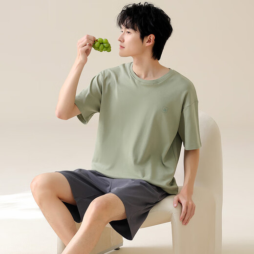 SEPTWOLVES 2025 new men's pajamas summer pure cotton thin short-sleeved casual plus-size home clothing set for men to wear 13603 L (100-120Jin [Jin equals 0.5 kg])