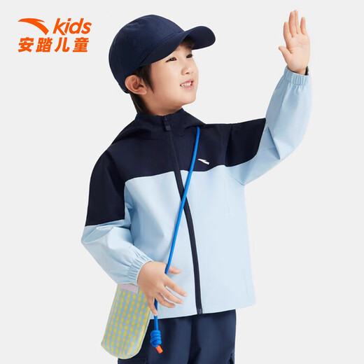 ANTA Jacket Boys 2025 Autumn New Hooded Sports Top Stand Collar Windproof and Water-Repellent Warm Jacket 7601-5 Late Night Blue/Sky Blue 150