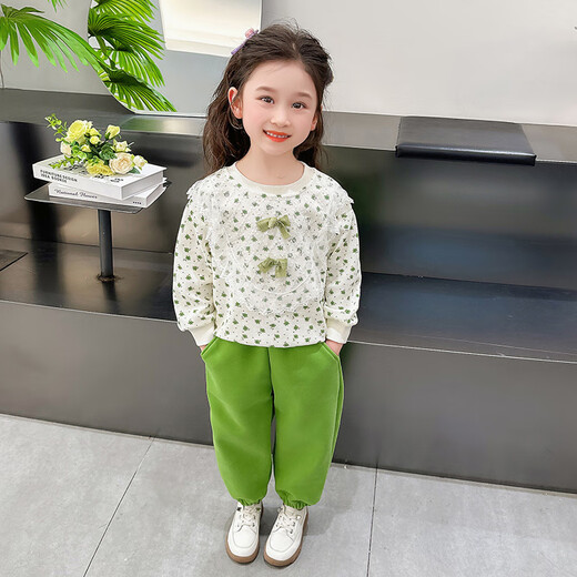Burwilde International Brand Girls' Fashion Floral Sweater Set Western Style Spring Style Children's Korean Style Two-piece Spring and Autumn Casual Suit Green (Gift Box) 120 cm (Reference Height 112-1204-5 Years Old)