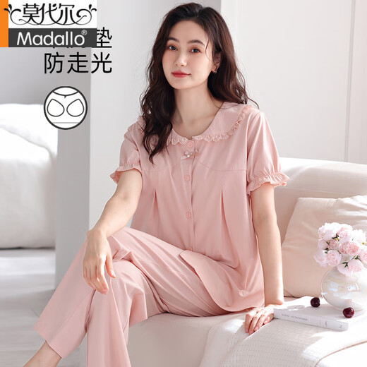莫代尔2025新款睡衣女夏季带胸垫一体防走光纯棉短袖长裤薄款家居服套装 LSF-694米白 2XL 175建议体重140-155斤