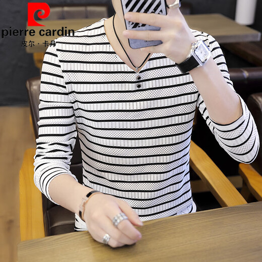 Pierre cardin ice silk long-sleeved T-shirt 2025 new base shirt autumn shirt men's top spring and autumn sweatshirt summer thin inner clothes 6188 black long-sleeved XL 120-135Jin [Jin equals 0.5 kg]