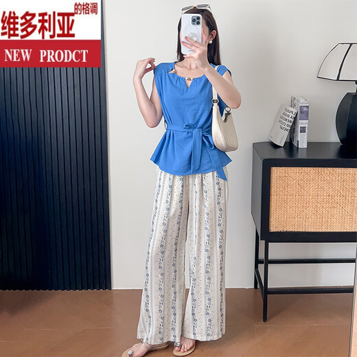 维多利亚的格调法式小资设计感无袖上衣女2025新款套装裤子两件套气质韩版感 蓝色上衣+花色阔腿裤【配腰带】 S