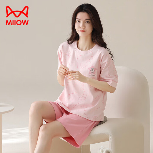 猫人（MiiOW）夏季纯棉睡衣女士2025新款短袖女款家居服大码夏天套装可外穿薄款 A9859 樱桃红 XL 120-140斤】