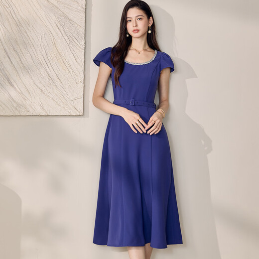 
ROEYSHOUSE French lace-up waist dress 2025 summer new fashion round neck blue purple big hem skirt 12163 blue purple M