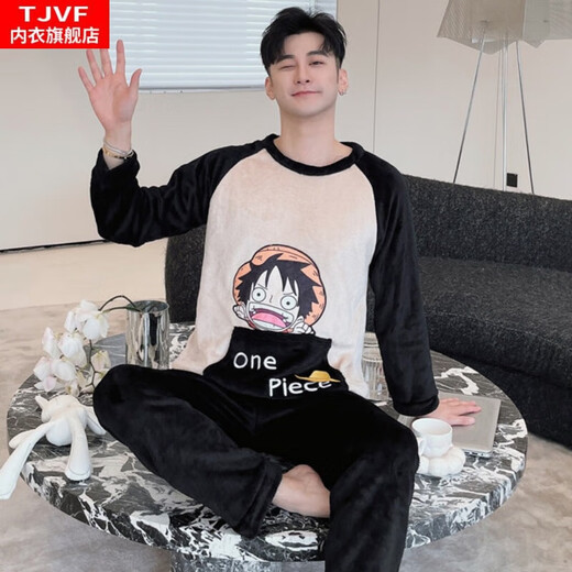 猫泡睡衣男士秋冬季薄款法兰绒学生卡通套头长袖珊瑚绒家居服套装 3892字母口袋 XL 男