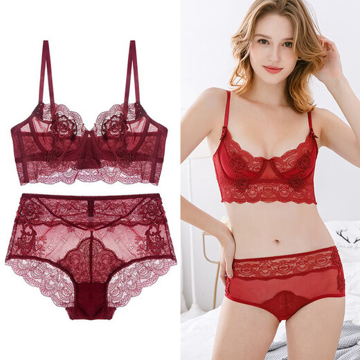 Victoria Palace sexy underwear for women, French ultra-thin push-up lace bra, big breasts, small anti-sagging, large size bra set, red 70B/32B with S size panties
