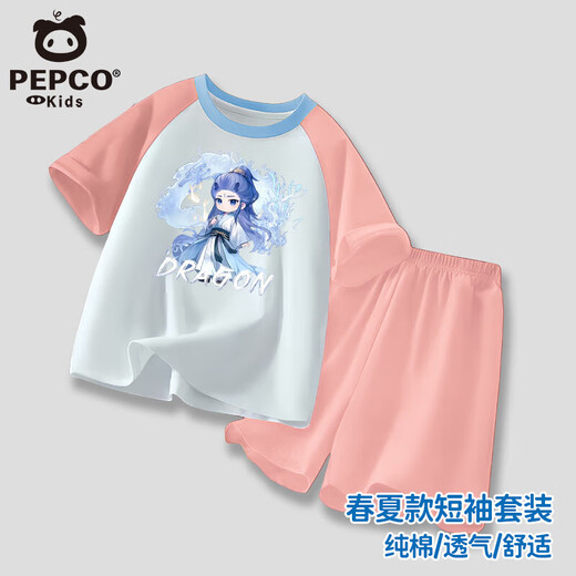 小猪班纳男童女童纯棉短袖短裤夏季哪吒敖丙套装插肩T恤运动短裤 粉色-哪吒 （套装） 130 建议身高120-130CM