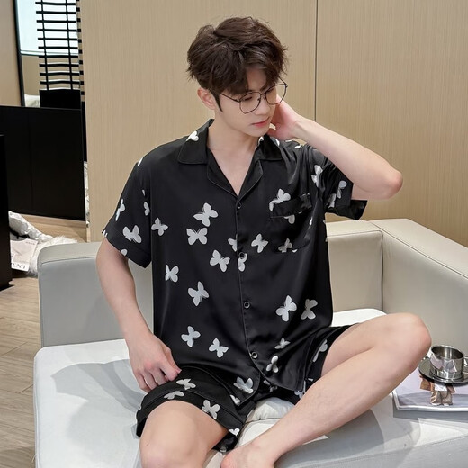 莫代尔高端新款男式睡衣夏季短袖短裤冰丝薄款凉感家居服大码套装夏天男 3899松绿 L (体重100到139)