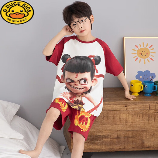 G.DUCKKIDS哪吒儿童家居服套装男夏季纯棉薄款短袖短裤套装卡通男孩两件套 T695奶龙 140 S码 高143-158CM