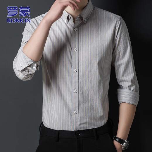 ROMON long-sleeved shirt men's autumn and winter business cotton shirt men's striped business top khaki L
