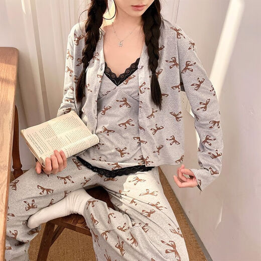 纯欲风蝴蝶结吊带睡衣女带胸垫三件套领开衫外套长袖家居服套装 13803＃黑色三件套带胸垫 M 建议80-100