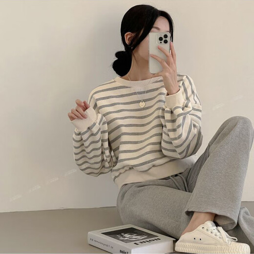 清池影（QINGCHIYING）条纹卫衣女短款2025年新款薄款韩版小众女装宽松春秋冬加绒上衣 9923卫衣 黑色 薄款 M 80-100斤