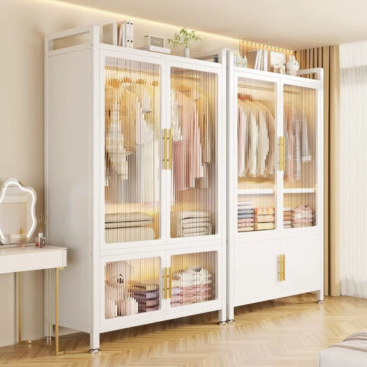 Einfacher Kleiderschrank Schlafzimmer Home Miethaus zusammengebautes Metall All-Steel-Rahmen neuer Stil Kleiderschrank kleiner Aufbewahrungsschrank Ober- und untere PC Doppel-Türgarderobe 998*500*1585